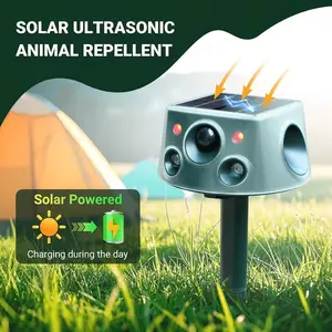 Solar Ultrasonic Animal Repeller Motion-Activated Blast Scares Deer Raccoons 5 Modes Zero Wiring Protect Lawns Pets 24/7 Defense IP66 Weatherproof - Plastic