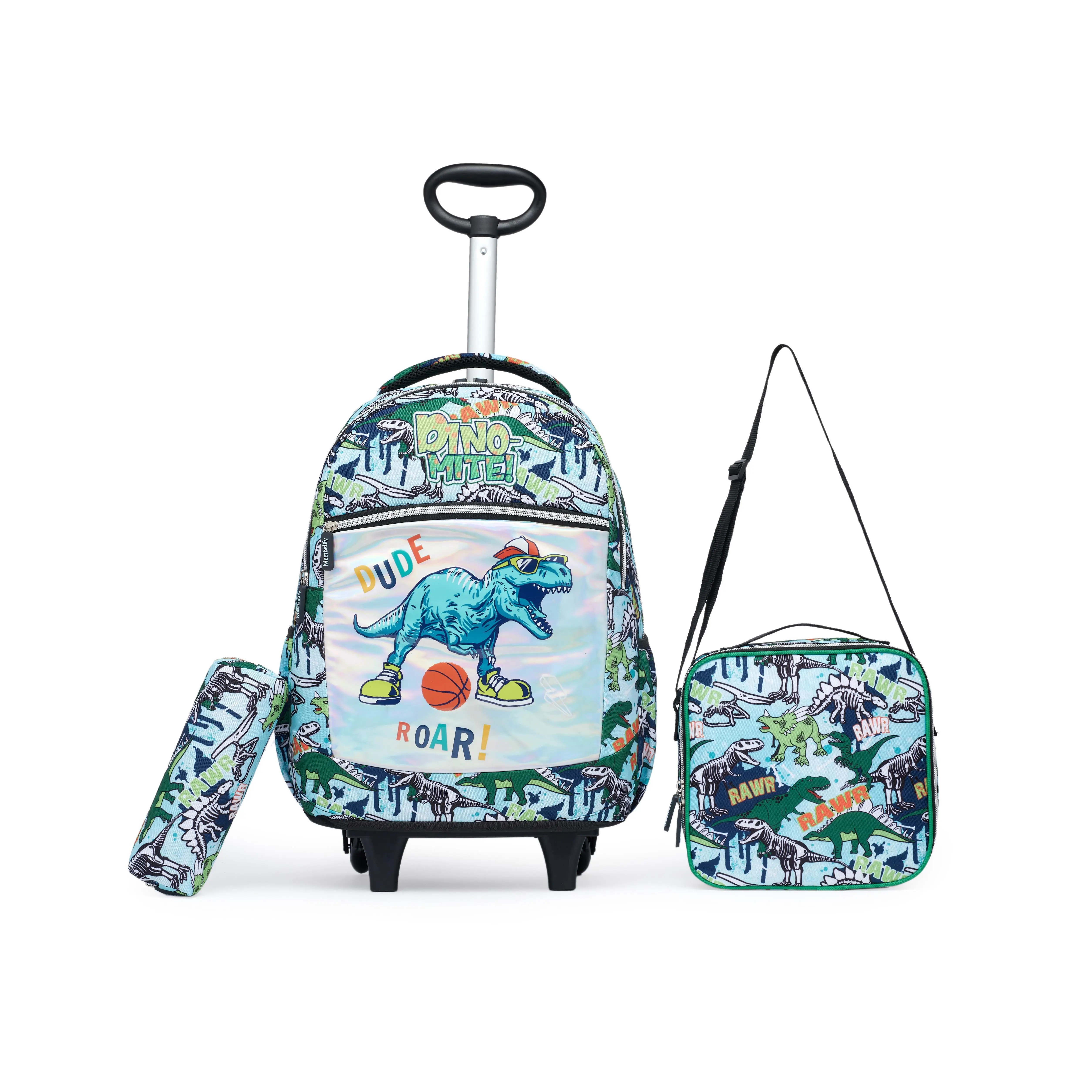 3-in-1 Rolling Backpack Set for Boys, Holographic Polyester Dinosaur Luggage with Adjustable Handle, Expandable Pockets & Crossbody Lunch Bag, Back To School Haul, Animals, Nylon, Hologram, Basketball-Playing Dinosaur Design, Crossbody/Shoulder Bag, Zip,,