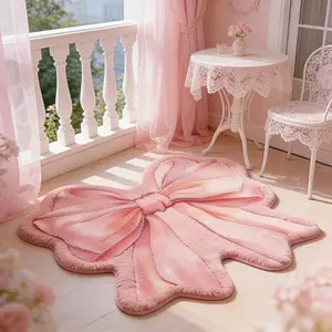 Pink bow living room sofa carpet French romantic bedroom decoration bedside carpet cloakroom dresser carpet soft and comfortable office lounge study carpet atmosphere balcony bay window coffee table carpet washable non-slip floor mat Fluffy Area Rug