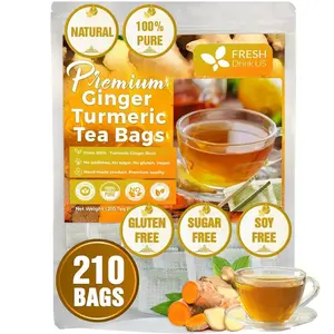 Premium 210 Turmerics Gingers Tea Bags, 100% Natural Ingredients, Hand-made Blend of Turmerics and Gingers, Eco-conscious Tea Bags. Turmerics Gingers Herbal Tea. No Sugar, No Caffeine, No Gluten, Vegan. gingers caffeine free Beverage