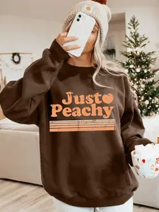 Women's Casual Just Peachy Pattern Hoodie, Soft Long Sleeve Round Neck Sweatshirt, All-Season Comfort Clothing, Funny Sweatshirt