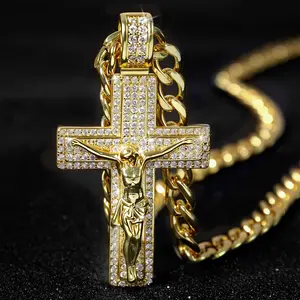 genuine gold-plated cross Cross necklace, nano technology matte Cuban Figaro rope Miami chain, with Jesus cross pendant, Christian religious jewelry gift