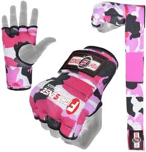 FIGHTSENSE Padded Gel Inner Boxing Gloves for Men and Women with Long Elasticated Hand Wraps for Punching, Boxing, MMA, Muay Thai, Kickboxing and Martial Arts Training (Pair Camo Pink)