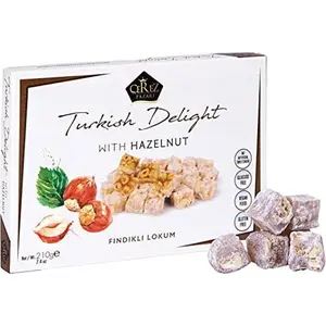 Cerez Pazari Turkish Delight Hazelnut Candy Gourmet Premium Vegan Sweets Small Gift Box 7.4oz | Luxury Traditional Soft Confectionery Lokum (Loukoumi) | Small Size Snacks Apprx.35 Pcs