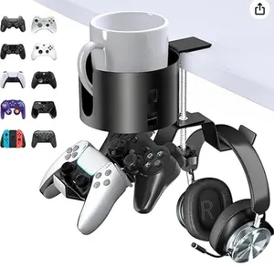 4 in 1 Desk Gaming Holder, Headphone & Controller Large Metal Cup Holder with Dual Controller Holder Adjustable & Rotating Arm Clamp, Headphone Stand Under Desk, Controller Gift for Him, Dad, Brother, Boyfriend, Husband