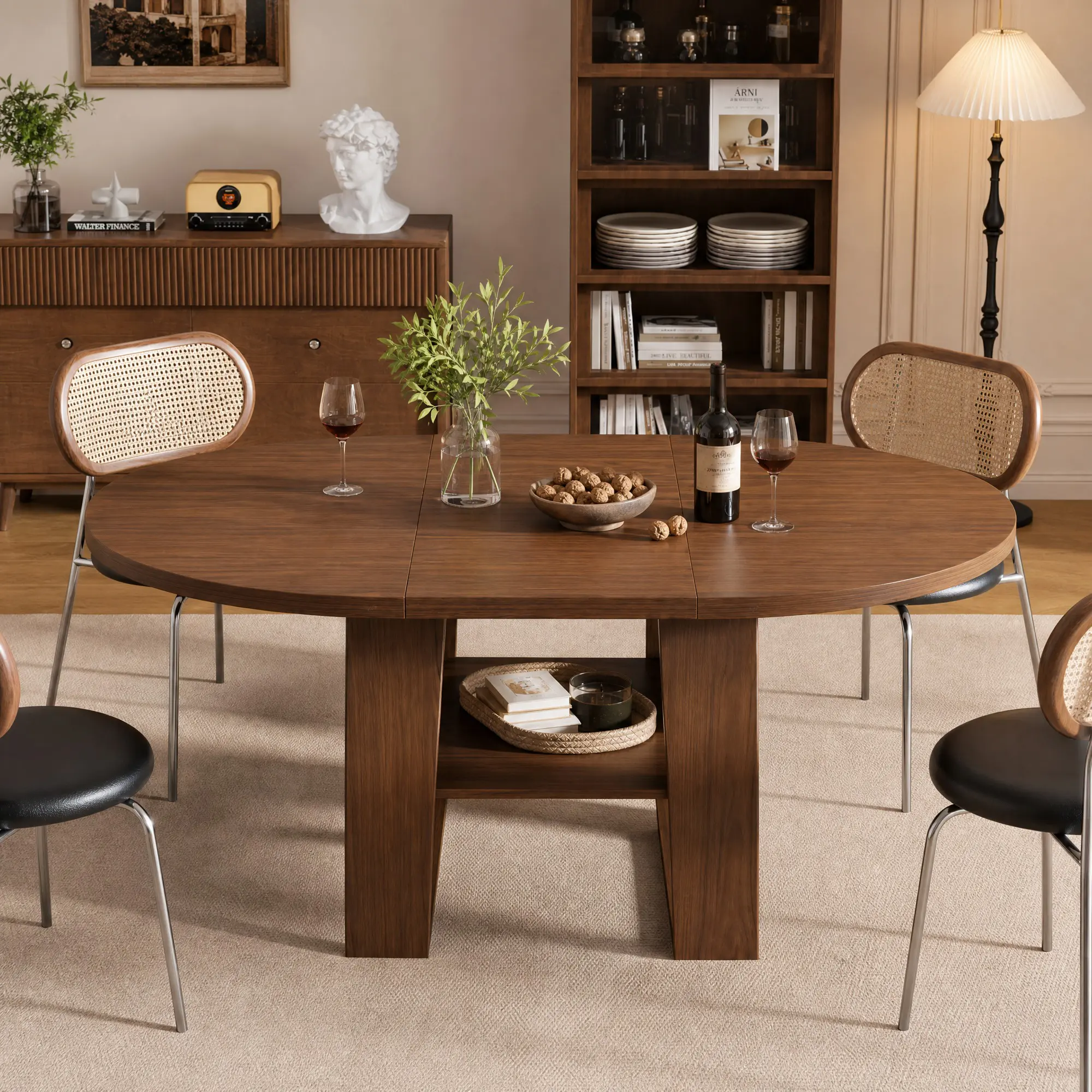 Oval Extendable Walnut Dining Table with Particle Board, 43.3-59in Size, 4-6 Seats, Flip-Up Leaf, H-Shape Base, Under-Shelf Self-Storage, Space-Saving Indoor Apartment Dining Room Furniture