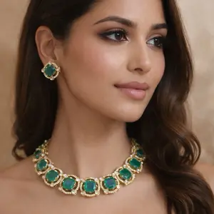 Luxury Antique Gold Statement Necklace Set with Green Stud Earrings for Weddings Parties & Festive Wear High-Shine Stones & Intricate Detailing