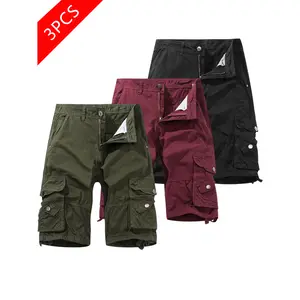 3-Pack Men's Cargo Shorts, Plain Cotton Mid-Length Bermuda Style with Multiple Pockets, Stylish Loose Fit for Summer Outdoor Hiking