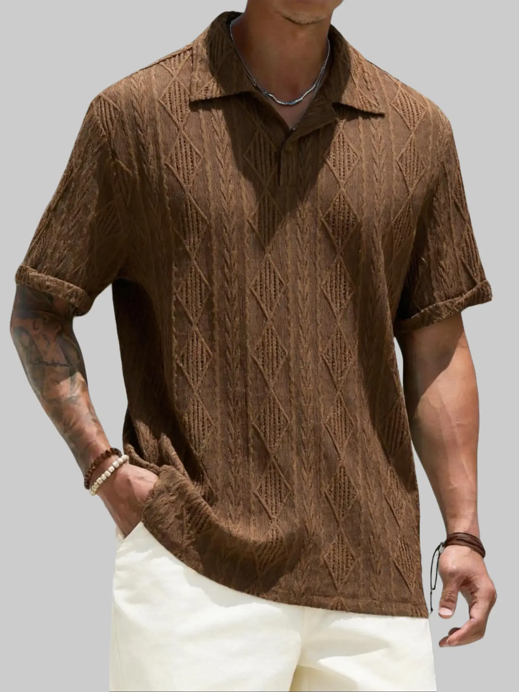 Z ZAFUL SPORTS Men's Geometric Lace Jacquard Polo Shirt, Casual Short Sleeve Textured Fashion Top with Stretch Fabric