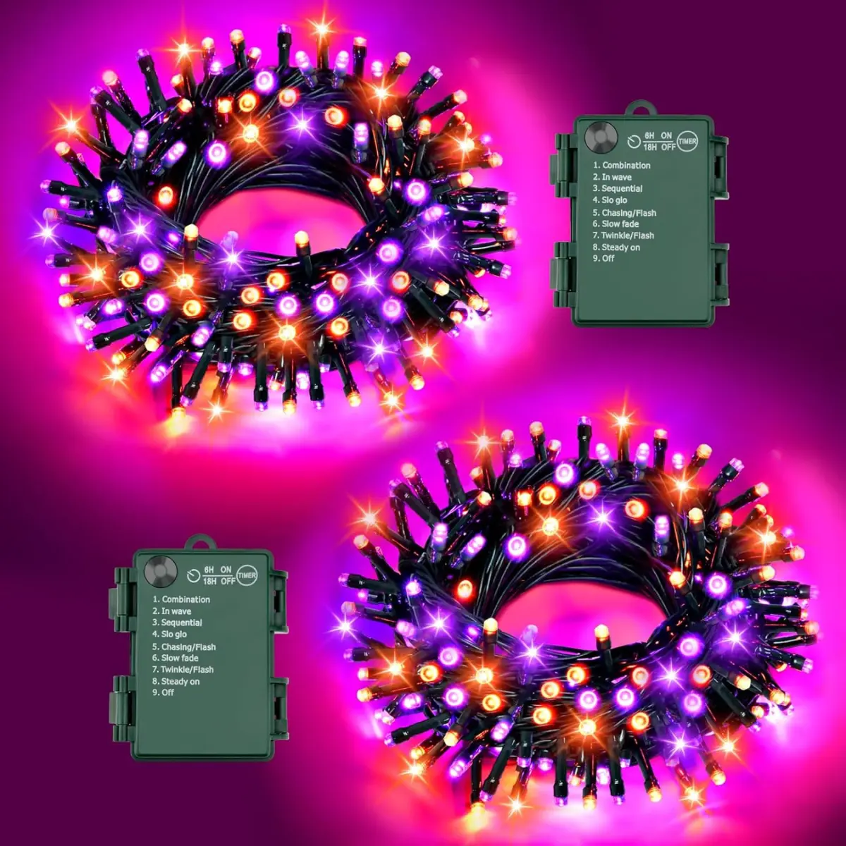 Halloween Lights String Total 100LED Battery Operated Outdoor 8 Modes with Timer 16.4Ft*2, 50LED*2 Waterproof Fairy Lights Indoor for Halloween Decor, Orange&Purple, 2-Pack