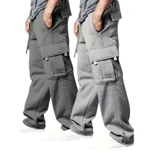 2pcs, Men's Solid Loose Fit Cargo Pants with Multiple Flap Pockets, Casual And Classic Sweatpants for Sports And Outdoors Activities, for Winter & Fall