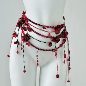 Designer Red belt Jewelry Multilayer Pearl waist chain for Women's Fashion Retro Character Playing Body Accessories Party Belts