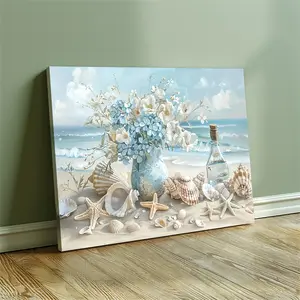 Wood Framed Decorative Shell Motif Beach-Themed Oil Painting Print Artwork - 1-Piece Modern Home Decor Wall Art for Living Room, Bedroom
