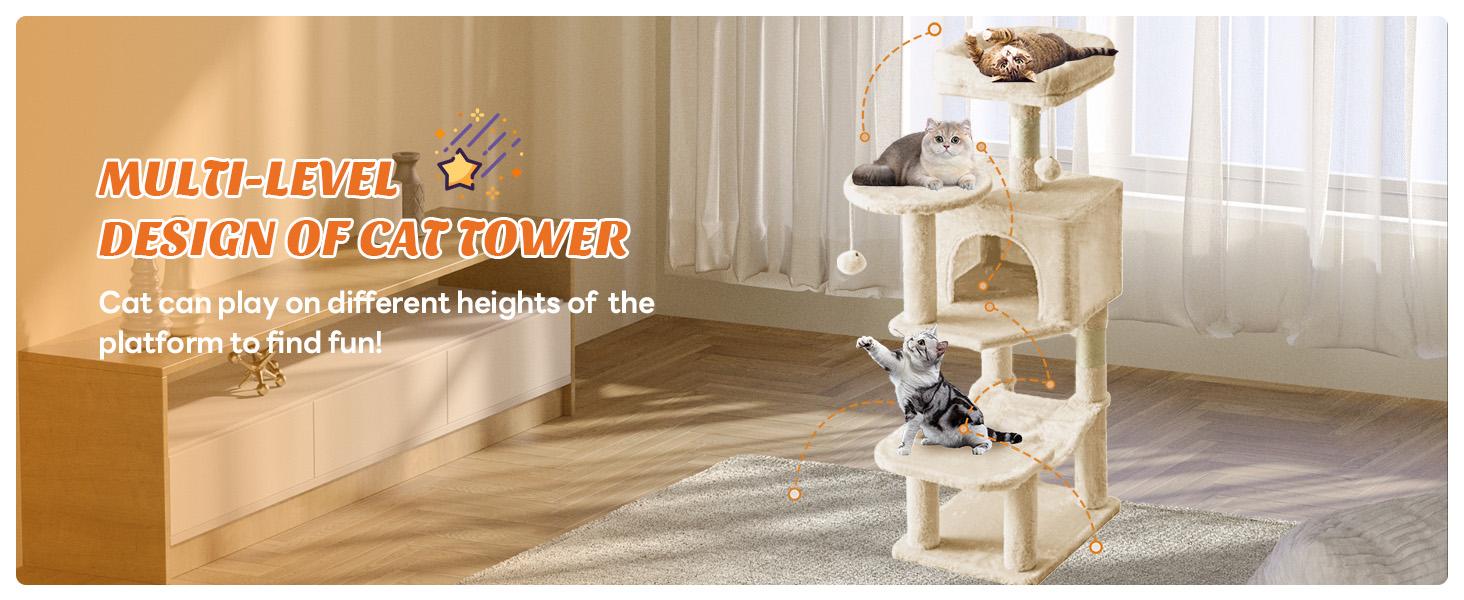Multi-Cat Climbing Tree Tower (44/54 in), Natural Sisal Scratching Posts, Condo, Extended Platform, Hammock, Pet House for Indoor Use Cats and Kittens