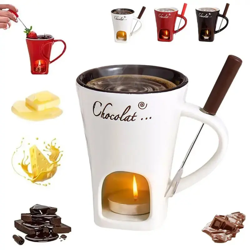 130ml Retro Ceramic Chocolate Fondue Cup Set - Compact & Convenient Candle-Heated Washable Mug with Fork for Christmas Gatherings, Beach, Ceremony, Anniversary (Home & Festive Party Supplies)
