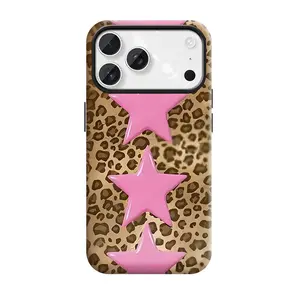 Leopard print, pink stars, suitable for iPhone17 Pro Max, 17Pro, 16Pro, 15, 14, 13, 12. Beautiful phone case |       Shockproof protective case |       Smart phone case, a gift for girls