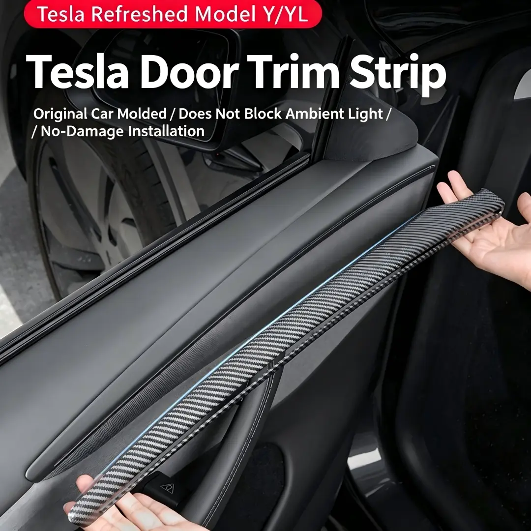 Gloss Carbon Fiber Interior Door Panel Trim Strips for Tesla Refreshed Model Y, Non-Blocking Ambient Light, Anti-Scratch Protective Decor Cover, Self-Adhesive No-Damage Car Interior Mod Accessories, Gloss Finish
