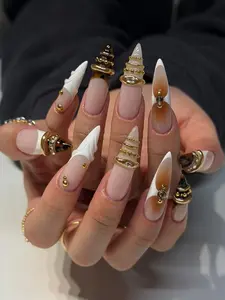 Handmade Leopard Chrome Stiletto Press On Nails, 3D Charms Nail Art