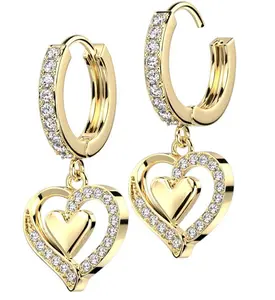 Gold PVD Double Heart CZ Stainless Steel Hoop Earrings