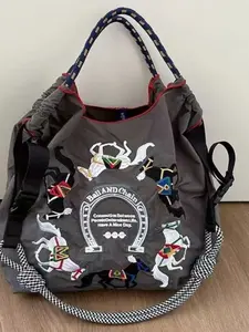 Japanese Style Ball&chain Embroidered Nylon Shopping Bag, Foldable Crossbody Bag for Commuting, Versatile and Durable