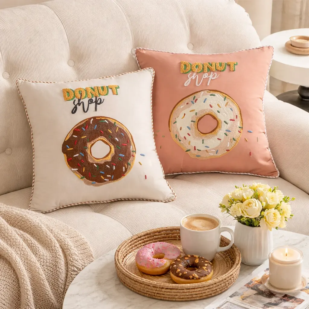 Fun Embroidered Donut Throw Pillow with Inserts- 18"x18"