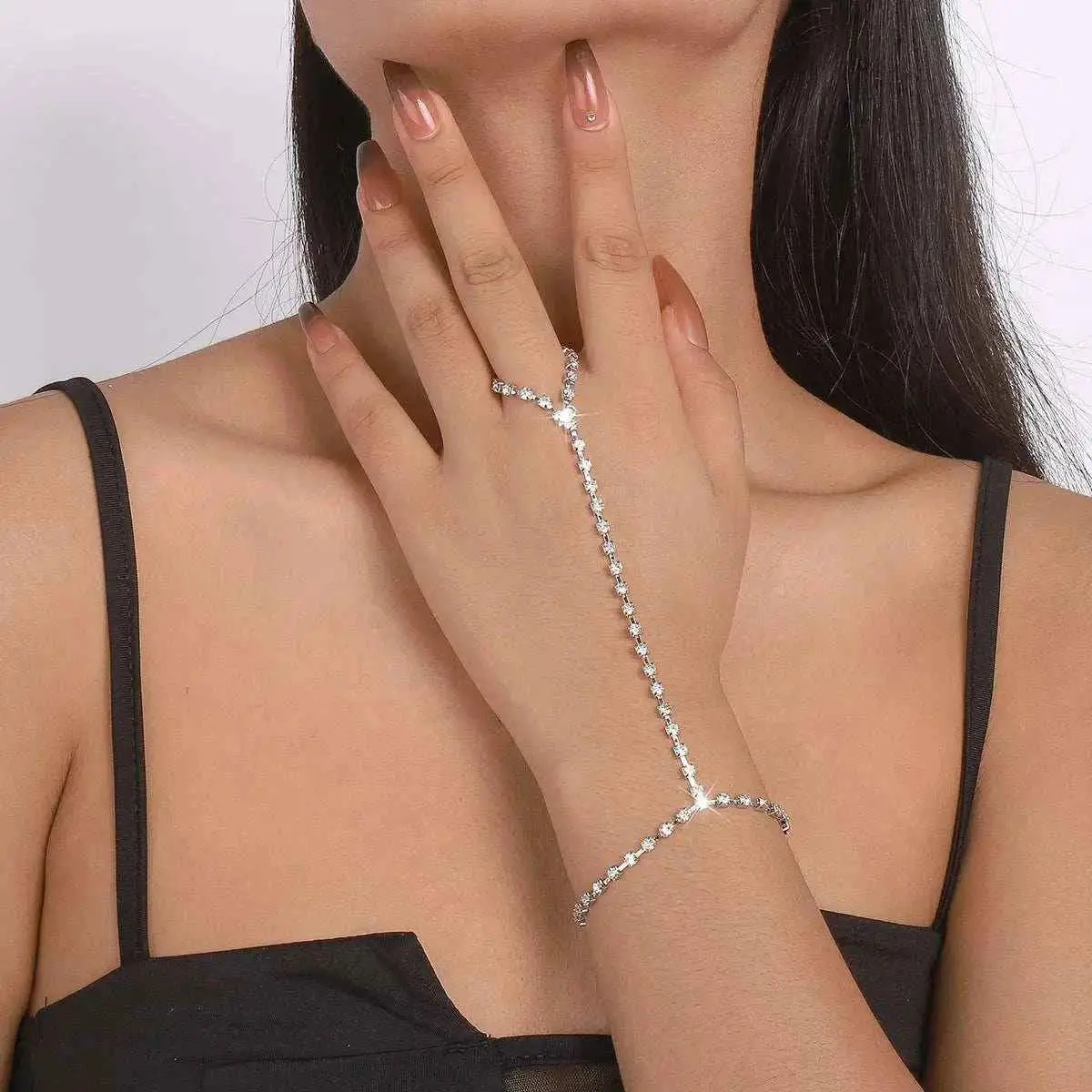 Alloy Metal Sparkling Rhinestone Bangle Bracelet with Ring - 1-Piece, One Size Casual Wear Costume Jewelry Accessory