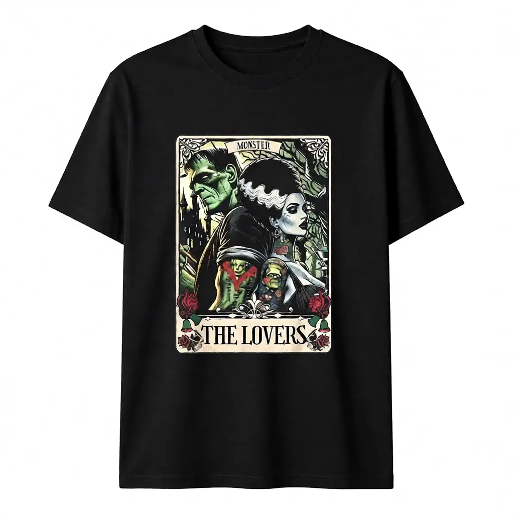Men's Gothic Graphic Fitted Short-Sleeve T-Shirt - 100% Cotton Unisex Spooky Frankenstein & Bride The Lovers Tarot Card Print, Casual Streetwear for Party, TikTok Shop Deals Apparel