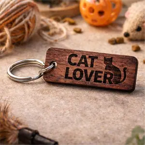 Cat Lover - Solid Oak wooden keychain with stainless steel hardware