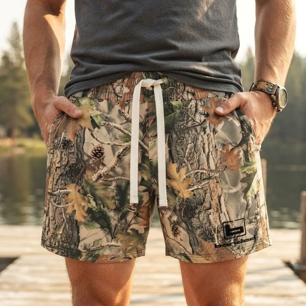 BANDED Woodland Camo Shorts Pant | Tree Bark Camouflage Shorts | Lightweight Performance Shorts | Breathable Quick Dry Shorts | Outdoor Fishing Shorts | Stretch Activewear Shorts | Summer Hiking Shorts | Casual Men's Camo Shorts