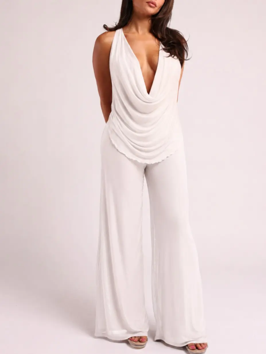 Women's 2-Piece Fabric Set - Chic Mesh Cowl Neck Sleeveless Halter Top, Stretchy Breathable Wide Leg Pants for Summer Beach Resort Vacation