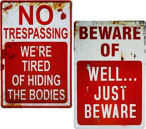 2 Pack Retro Metal Signs Decorations, 8” x 12” Indoor Outdoor Vintage Bar Decor Yard Signs, Beware of Well Just Beware & No Trespassing
