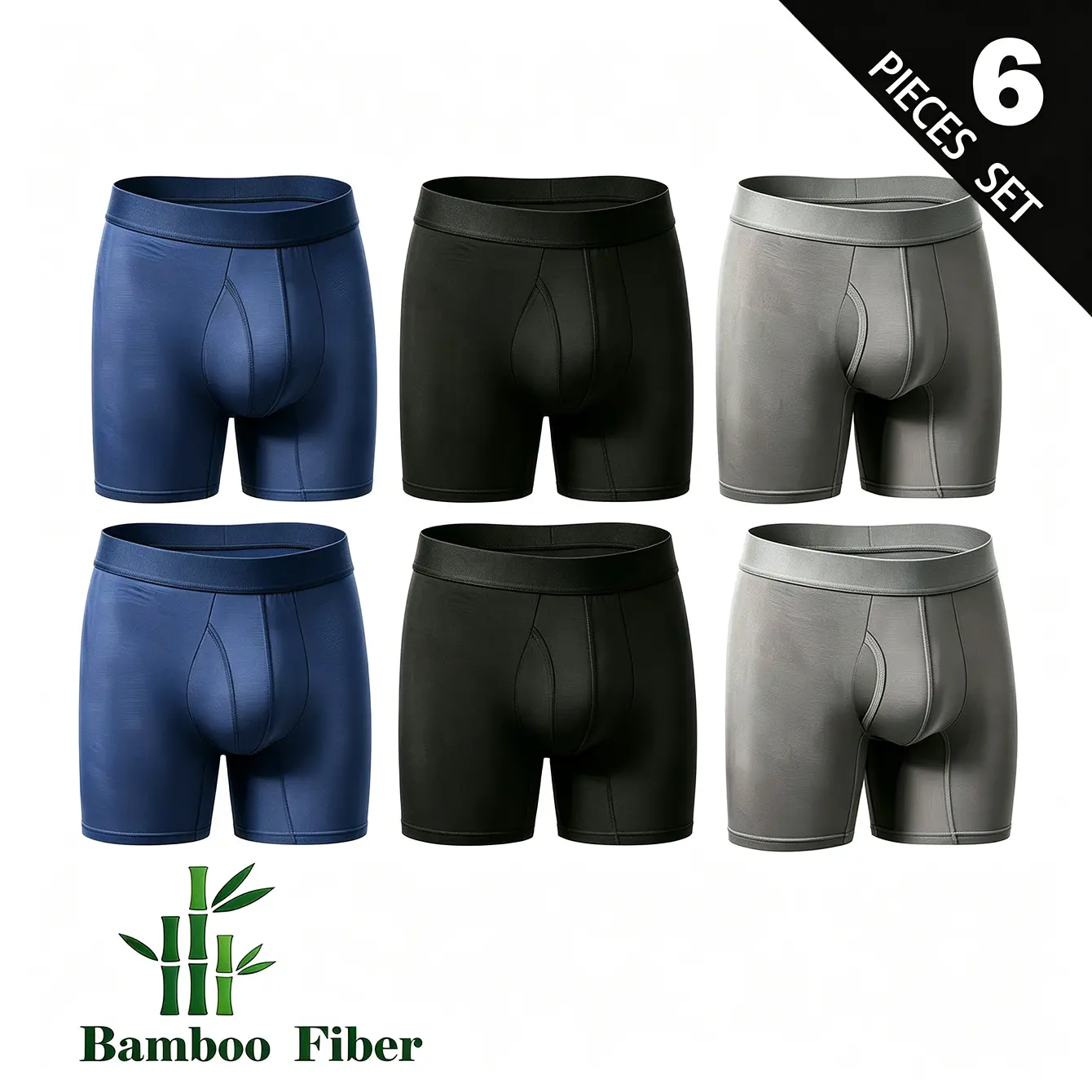 Menswear Men's 6-Pack Solid Bamboo Fiber Boxer Briefs, Elastic Soft & Breathable Athletic Underwear, No-Ride-Up Fit for All-Season Comfort