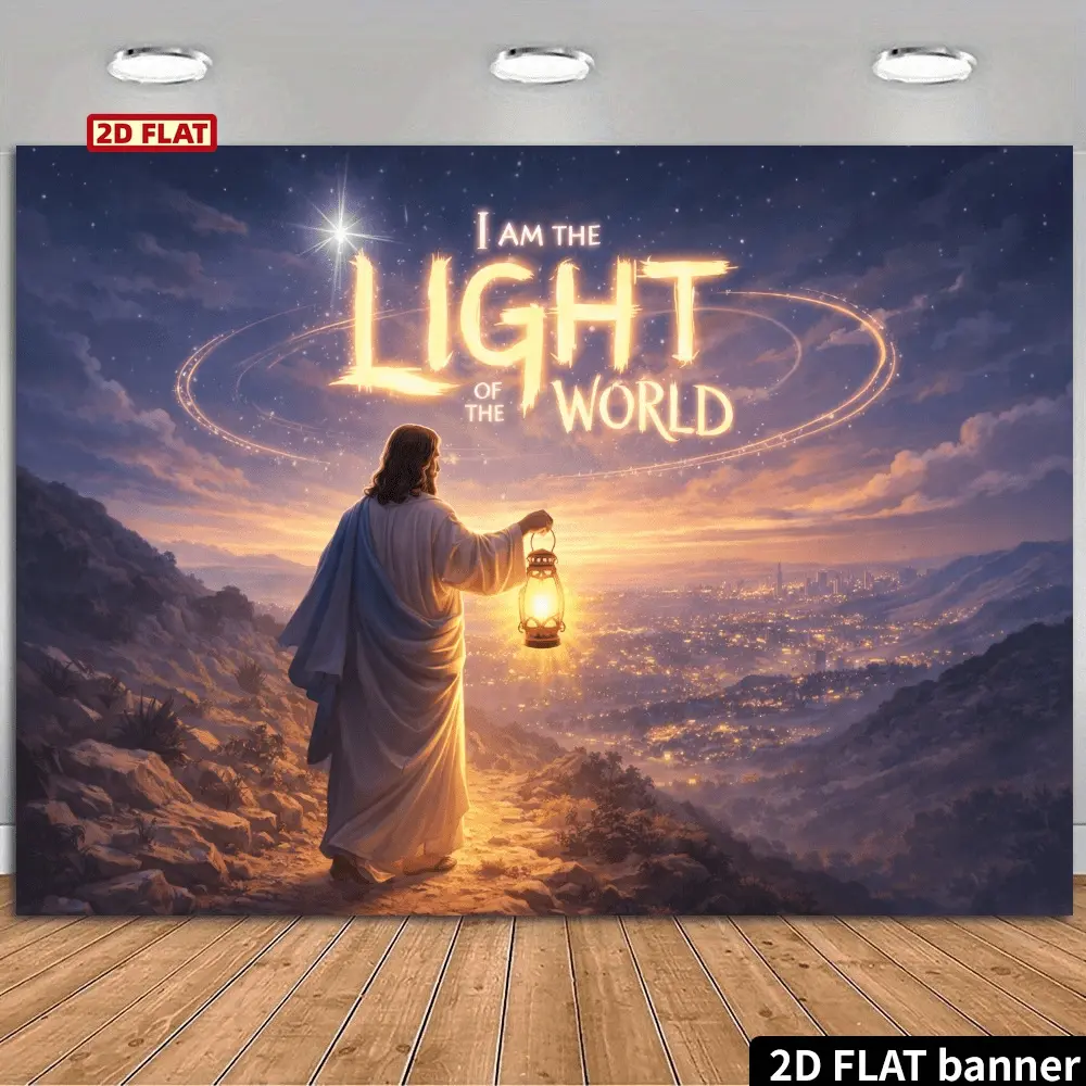 2D Flat Glowing"I AM THE LIGHT OF THE WORLD"Lantern Backdrop, Festive Photo Backdrop Suitable for Religious Events, Church Decorations & Photography Backgrounds Free Self - Lit Suitable for Indoor/Outdoor Use, Washable with Glowing Text