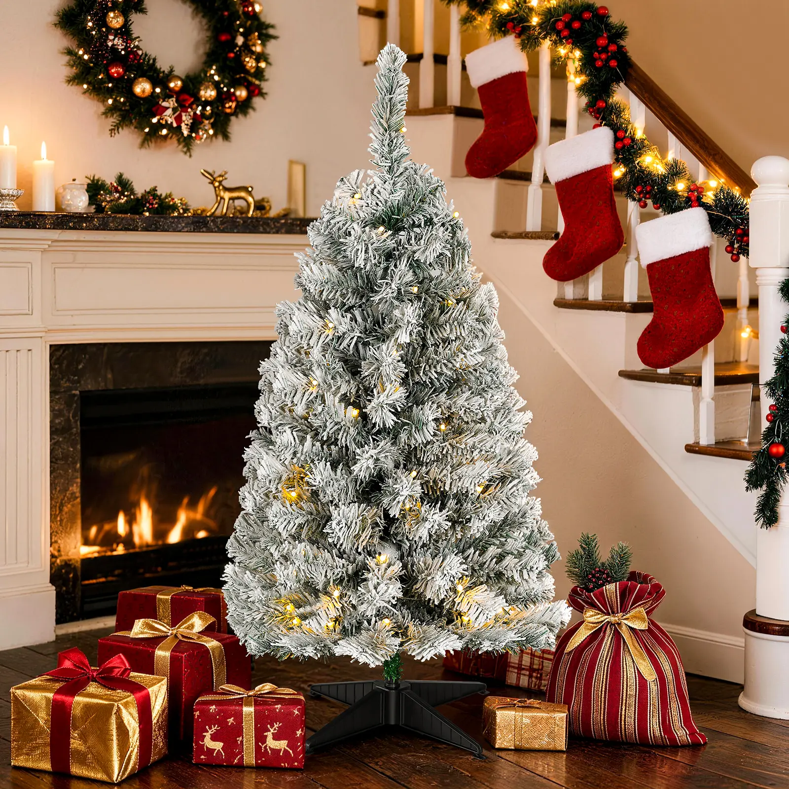 Okicoler 3FT Pre-Lit Snow Flocked Artificial Christmas Tree with 11 Multicolor Lighting Modes, Battery Operated Mini Tree with Stable Stand, Topper Insert, Ornaments & Storage Box for Indoor Home Decor