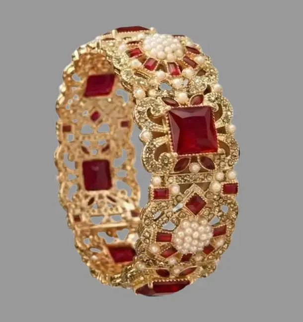 Nauratan Bangle, Gold Tone Multicolor Pearl & Stone, Openable Single Bracelet Size 2.4 , 2.6