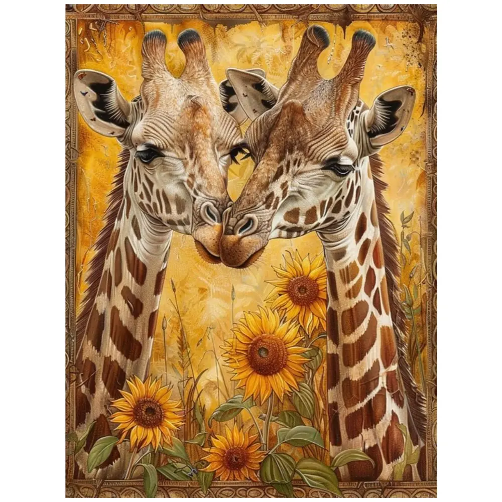 Vintage Border Sunflower Field Snuggling African Giraffes Diamond