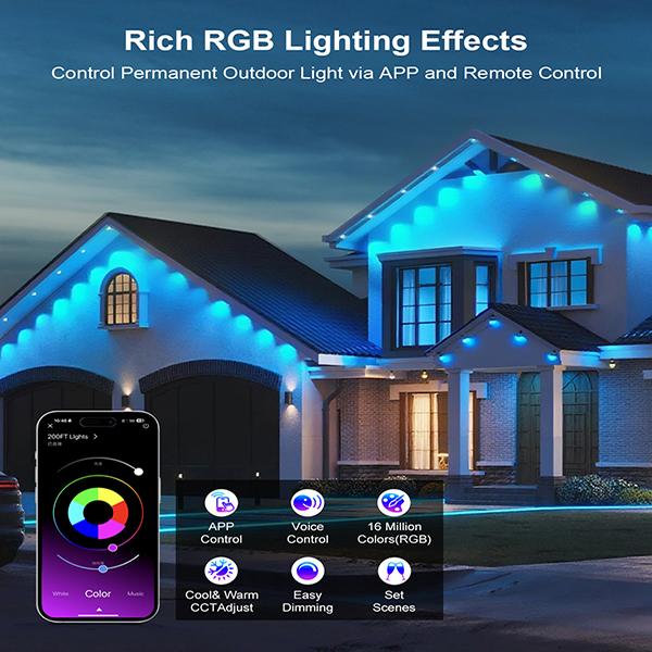 RGB Eave Outdoor Lights, Permanent Outdoor LED Colorful Eave Lights, with APP Control and Remote Control, DIY Mode, IP67 Waterproof. RGB Eave Outdoor Lights, Permanent Outdoor LED Colorful Eave Lights, with APP Control and Remote Control, DIY Mode, IP67 Waterproof.