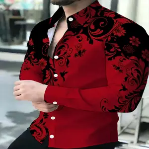 Red Patterned Men's Long-Sleeve Shirt, Fashionable Casual Slim-Fit Men's Top, Trendy Printed Design Shirt