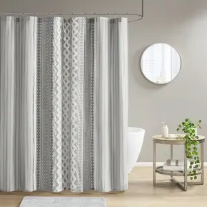 Ink+Ivy Aztec Cotton Shower Curtain 72x72" Global Chenille Stripe, Gray