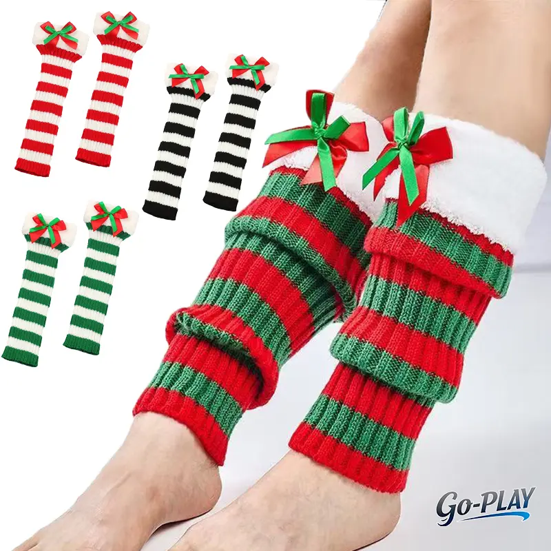 2 Pairs Christmas Striped Leg Warmers with Cute Bow Detail, Plush Fuzzy Knit Leg Warmers for Women & Girls, Cozy Winter Leg Warmers, Y2K Coquette Balletcore Aesthetic Accessories for Christmas Parties, Holiday Outfits, Dance, Outdoor Wear & Gift Giving