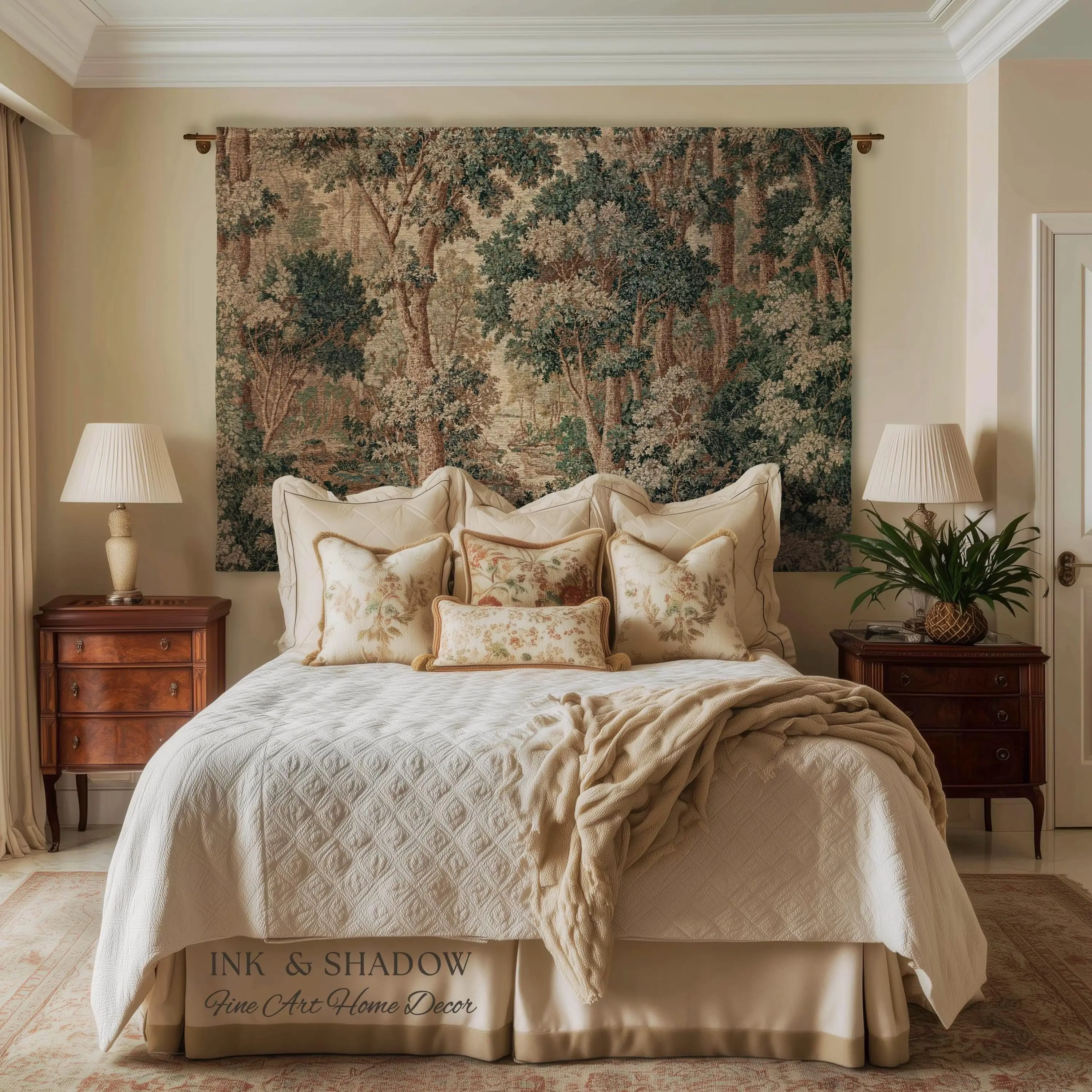 Pastoral Woodland Scene Forest Wall Hanging Jacquard Tapestry, European Verdure French Country Style Romantic Landscape Woven Throw Blanket