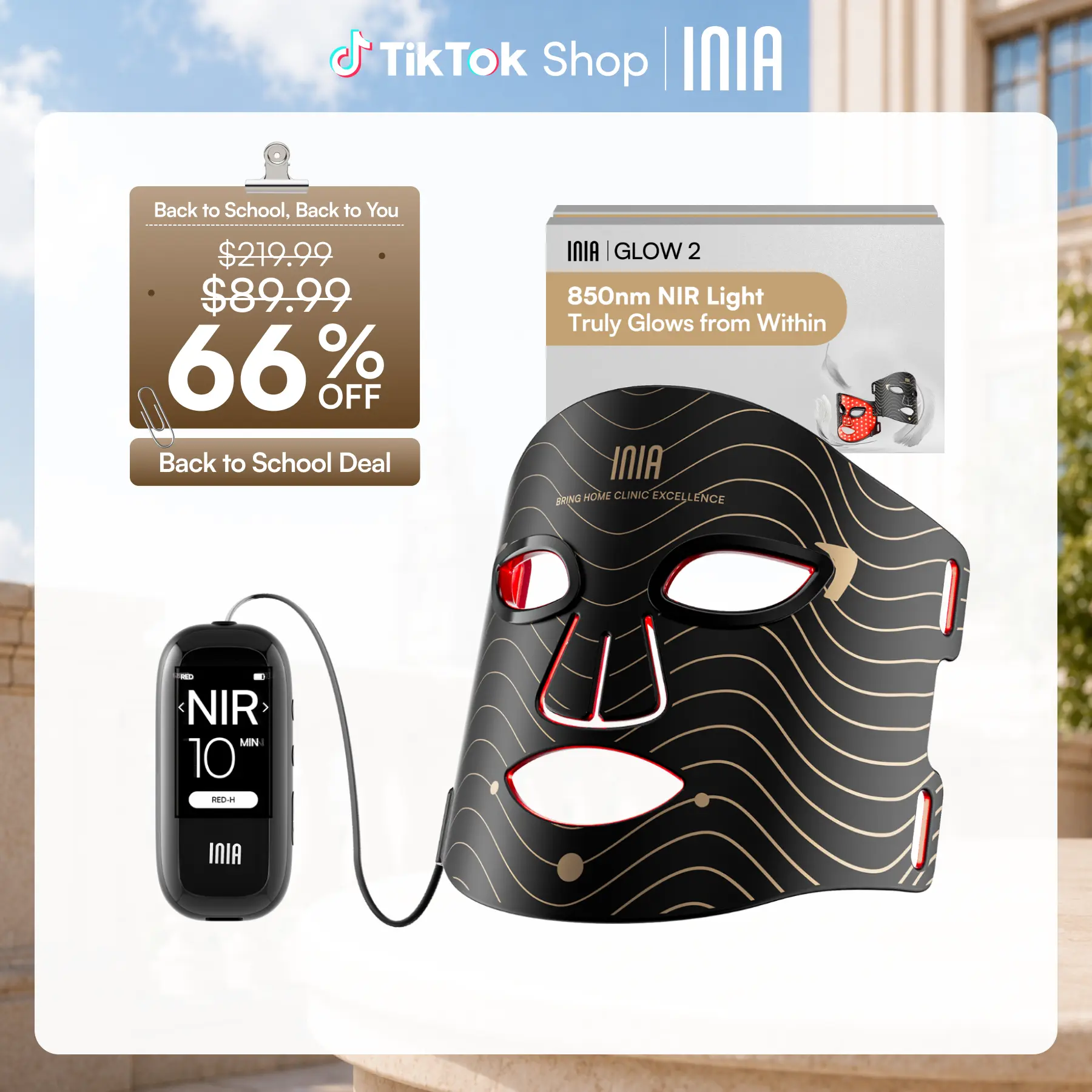 [New Color Drop] INIA GLOW 2 Red Light Therapy Mask , 4 Light Modes with 850nm NIR, 2600mAh Rechargeable LED Face Mask for Skincare at Home and Travel, Summer Beauty Gift Ideas,back to school,back to school haul