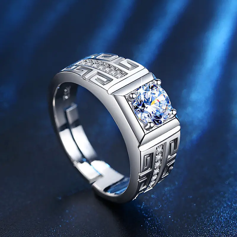 Men's 925 Sterling Silver Moissanite Signet Ring - Hand-Forged Greek Key Pattern Band, High-Refraction Statement Piece, Flexible Open Band, Adjustable, Adults' Accessories, Mens Gifts for Father's Day Anniversary Gift