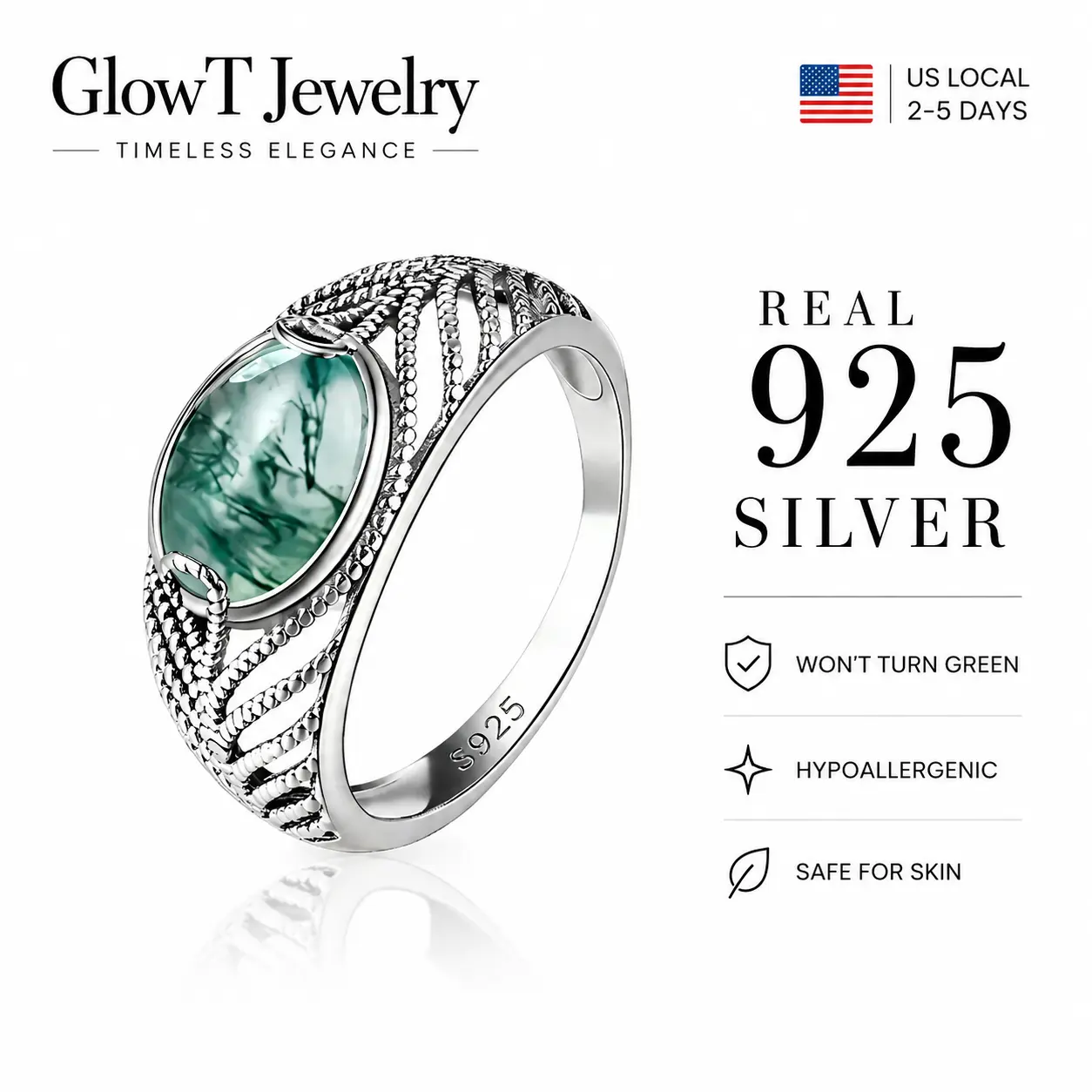 925 Sterling Silver Moss Agate Ring, Oval Cut Natural Green Moss Agate, Filigree Openwork Band, Hypoallergenic Vintage Statement Ring, Nature-Inspired Witchy Jewelry, Earth Element Amulet, Spiritual & Engagement Gift for Women