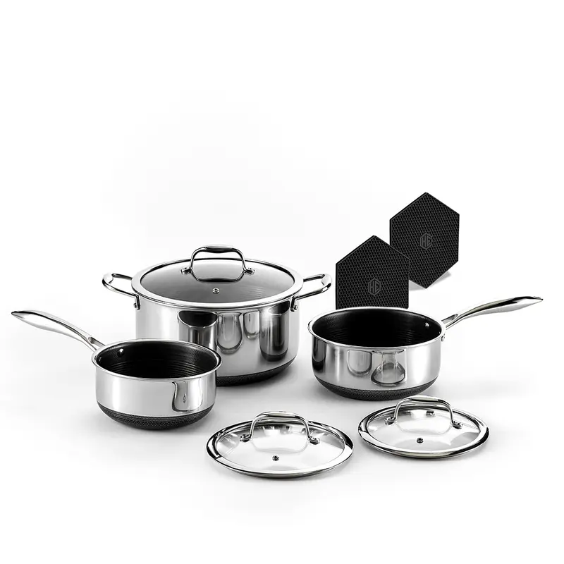 HexClad Hybrid Nonstick 6-Piece Pot Set with 2 Silicone Trivets, 2, 3, and 8-Quart Pots with Tempered Glass Lids