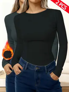 Women's Thermal Underwear Set, Fall & Winter Casual Long Sleeve Round Neck Top, Classic Plain Basic Layered Base Shirt