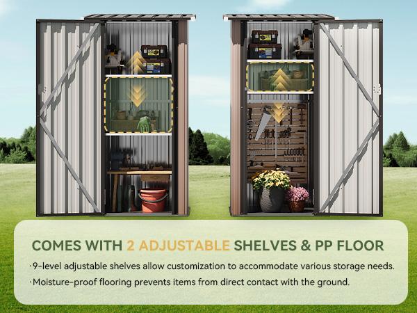 Aoxun Outdoor Storage Shed with Floor - Vertical Cabinet with 2 Adjustable Shelves & Lockable Doors, Waterproof Small Tool Shed, for Backyard Garden Patio Lawn Indoor, Brown