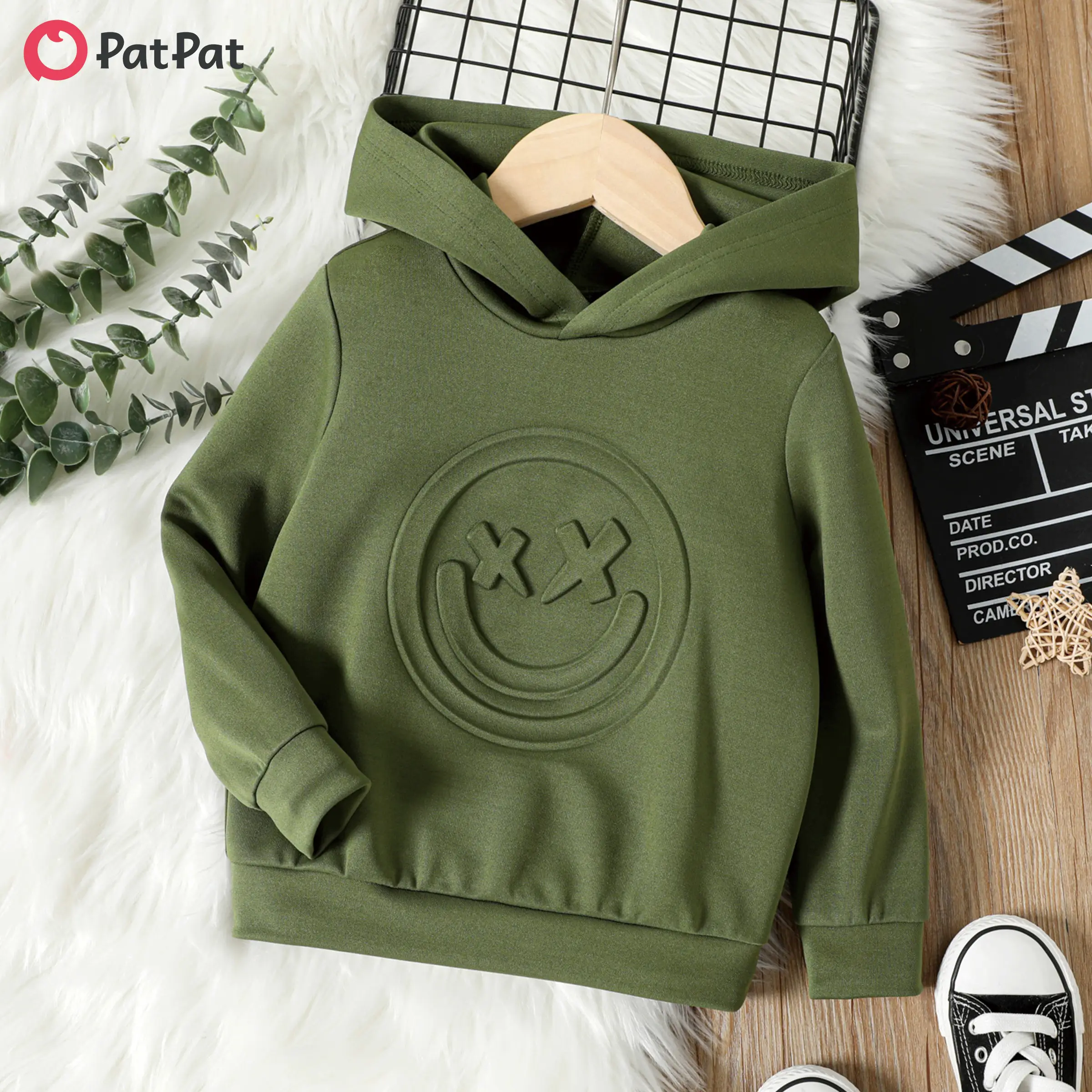 PatPat Toddler Boy/Girl Face Graphic Textured Solid Color Hoodie Sweatshirts