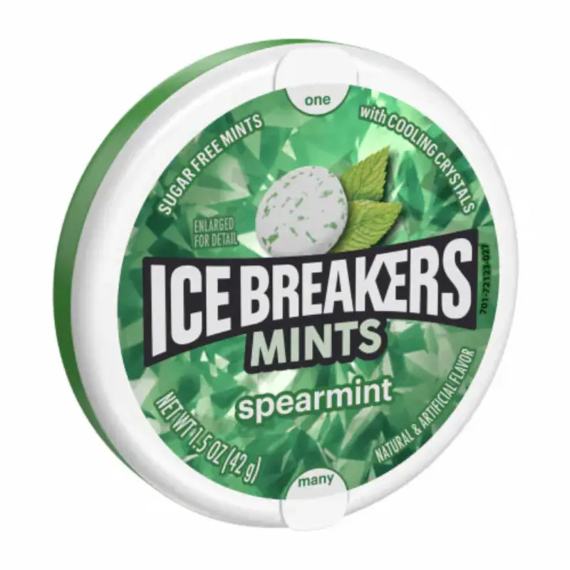 Ice Breakers Spearmint Chewing Gum Tins (2-Pack, 1.5oz Each) - Sugar Free, Ambient, Single Flavor, Alcohol-Free, Bad Breath Freshening Snack Treat, Fresh Breath, Single Flavor Chewing & Bubble Gum