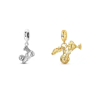MULA Soccer-themed Pendant, S925 Silver-plated, featuring soccer cleats, a crown, a trophy, and sparkling cubic zirconia sports beads. Compatible with Pandora bracelets.